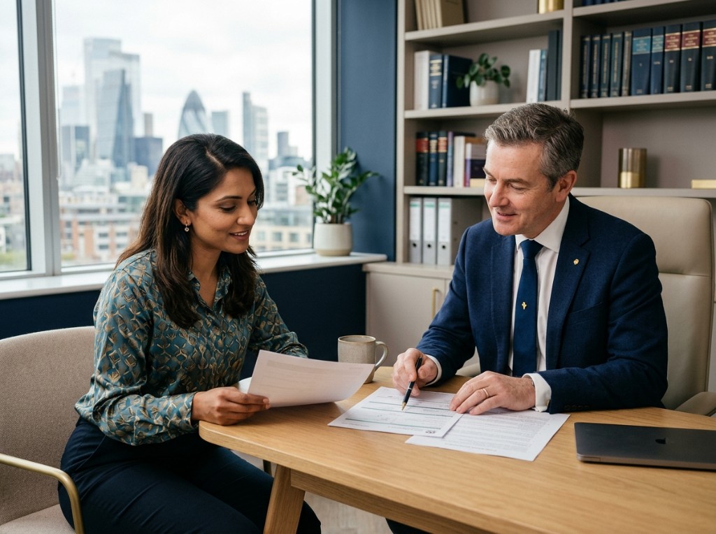 A&C Solicitors consultation — advisors reviewing documents together in a modern office